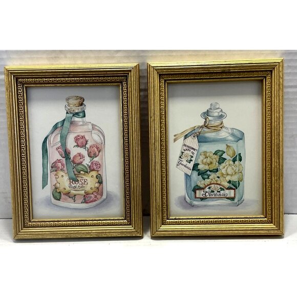 Apothecary prints Bath Oil Bottle in Gold frames Shabby Chic 5x7 Vintage - Picture 1 of 10